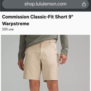Lululemon Mens Commission Warpstreme 9” Shorts Size 34 Khaki Like New